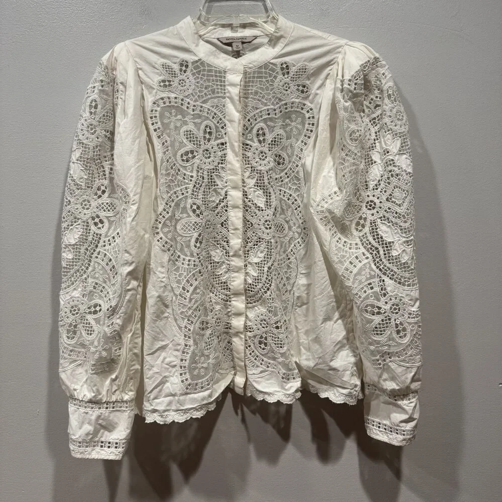 Banana Republic Top Marianna Lace Cotton White Peasant Victorian Women sz Medium